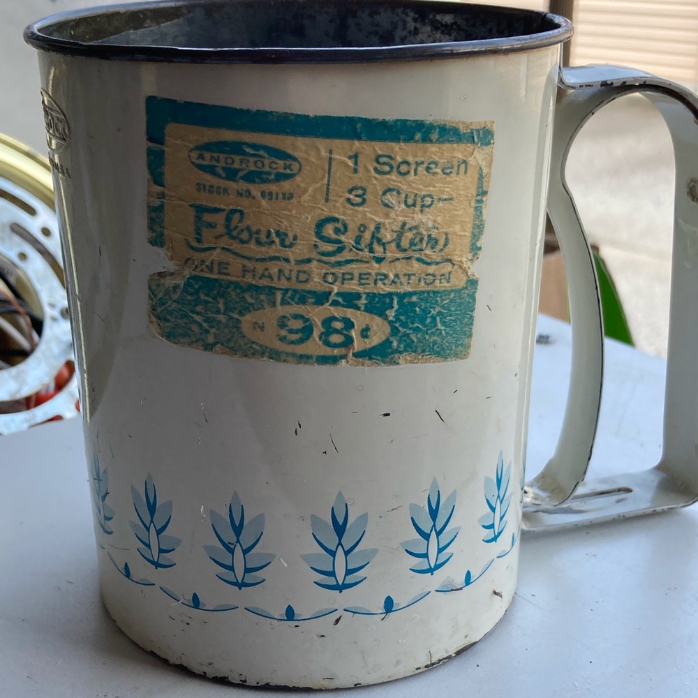 Enamel Aluminum Blue and White Flour Sifter Androck